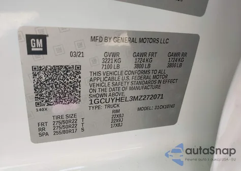 2021 Chevrolet Silverado 1500 4Wd Standard Bed High Country из США, поврежденный, VIN 1GCUYHEL3MZ272071